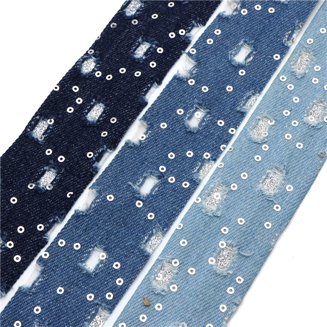 polyester roken hole sequin denim webbing light blue,40mm(1.6
