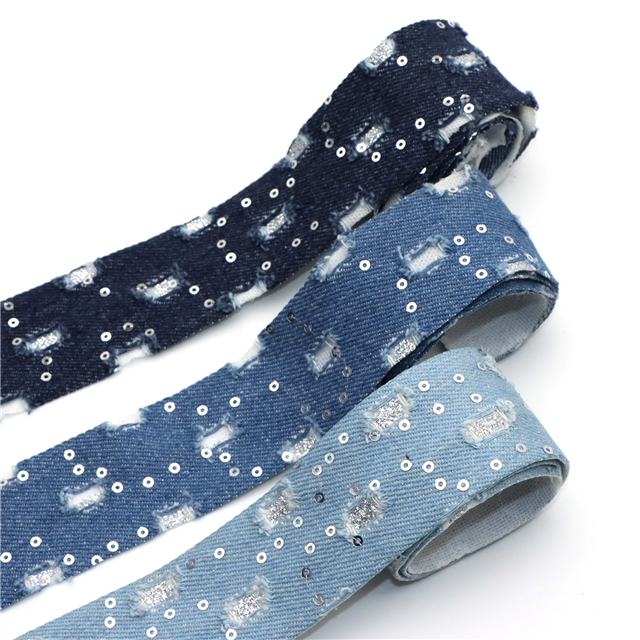 polyester roken hole sequin denim webbing light blue,40mm(1.6