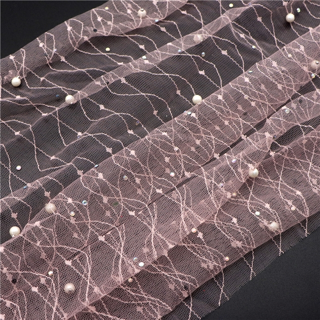 geometry hotfix rhinestone lace with faux pearl solid color mesh fabric