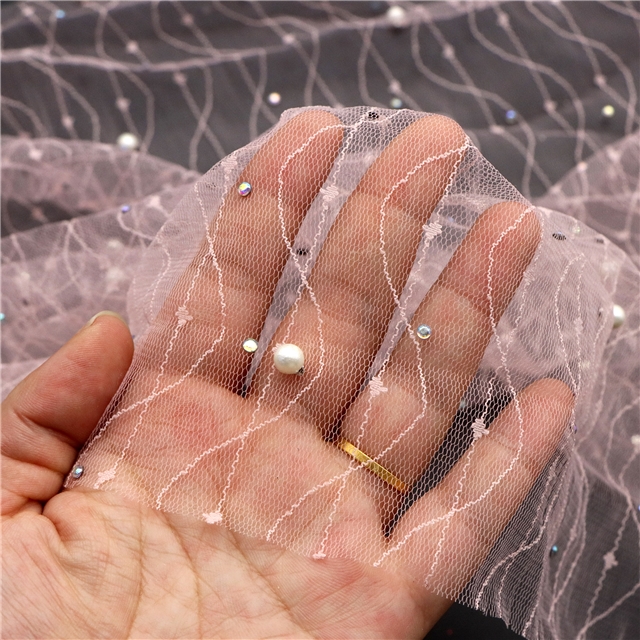 geometry hotfix rhinestone lace with faux pearl solid color mesh fabric