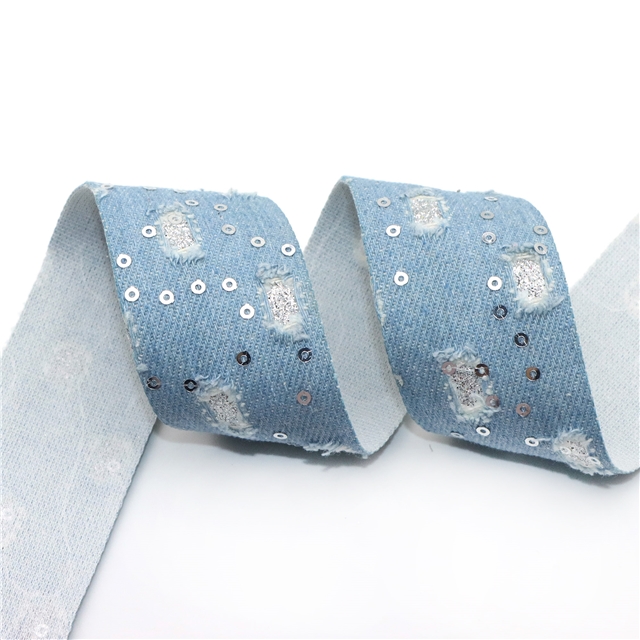polyester roken hole sequin denim webbing light blue,40mm(1.6