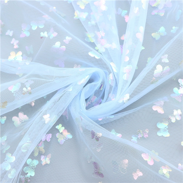 100% nylon colourful gold hot stamping butterfly mesh fabric light blue,50*150cm(19.7*59.1