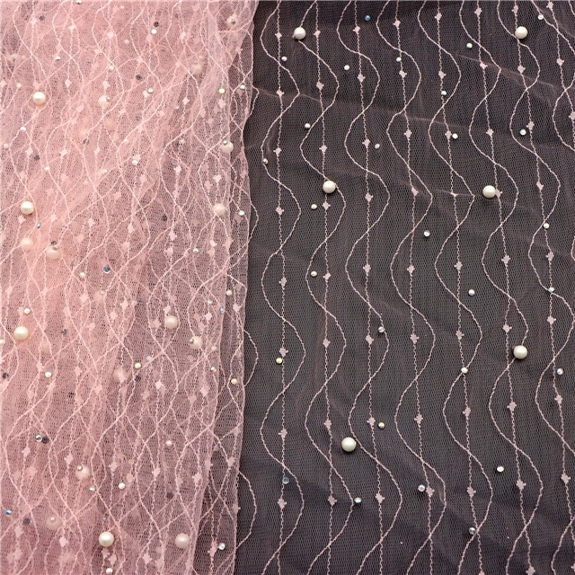 geometry hotfix rhinestone lace with faux pearl solid color mesh fabric