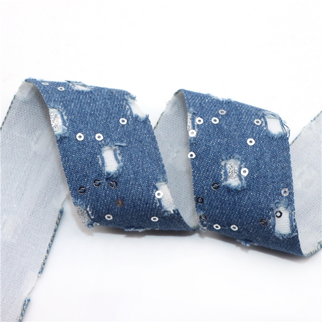 polyester roken hole sequin denim webbing light blue,40mm(1.6