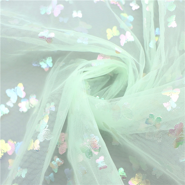 100% nylon colourful gold hot stamping butterfly mesh fabric light green,50*150cm(19.7*59.1