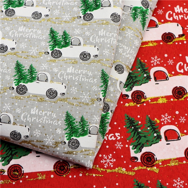 christmas tree car glitter ink printed linen fabric