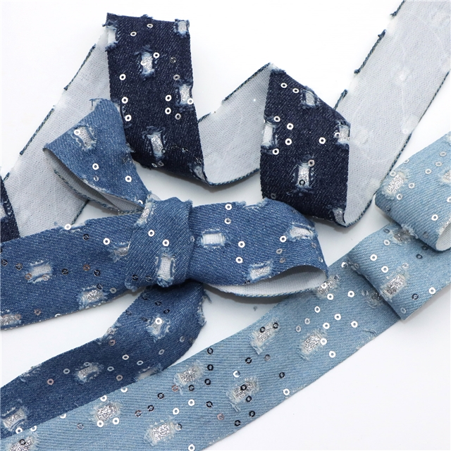 polyester roken hole sequin denim webbing light blue,40mm(1.6