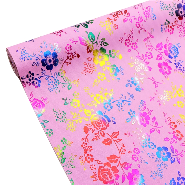 synthetic leather colourful gold hot stamping flower faux leather