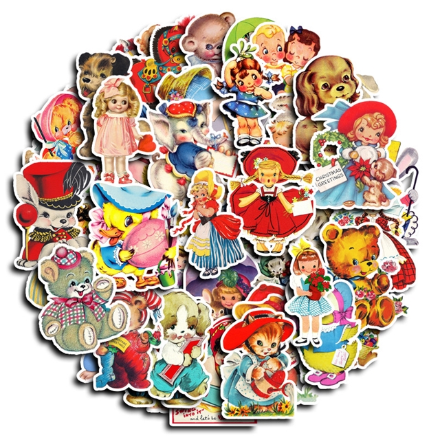 50pcs retro cute cartoon characters waterproof sticker