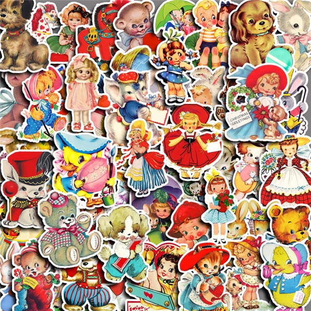 50pcs retro cute cartoon characters waterproof sticker