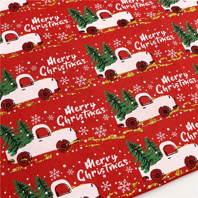 christmas tree car glitter ink printed linen fabric