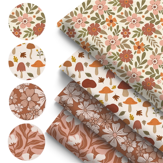 polyester cotton flower mushroom series polyester cotton fabric set (4 pcs/set)
