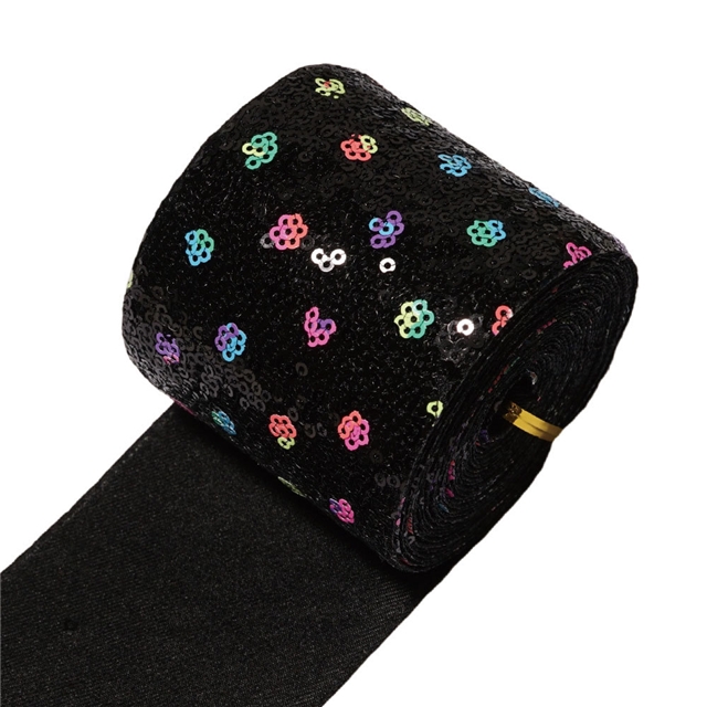 Iridescent plum blossom sequins ribbon black,38mm(1-1/2