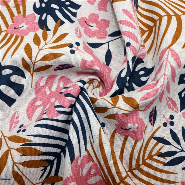 small fresh leaf printed cotton and linen fabric