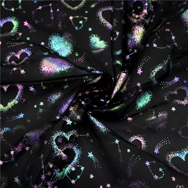 spandex colourful gold hot stamping star heart mesh fabric black,50*150cm(19.7*59.1