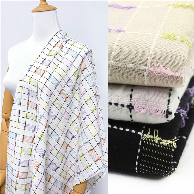 color woven checkered fringe cotton fabric