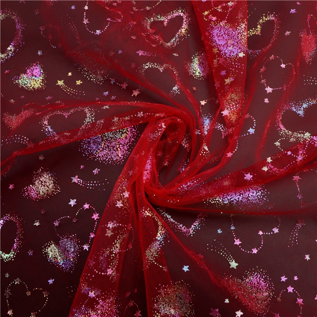 spandex colourful gold hot stamping star heart mesh fabric red,50*150cm(19.7*59.1
