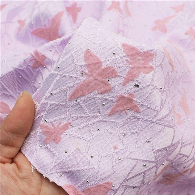 velvet pink butterfly hot stamping cracked silk jacquard fabric