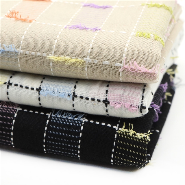 color woven checkered fringe cotton fabric