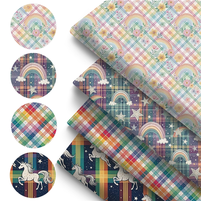polyester cotton grid rainbow unicorn series polyester cotton fabric set (4 pcs/set) polyester cotton fabric,20*20cm(7.9*7.9