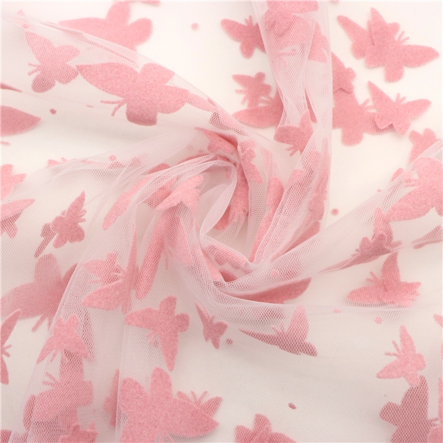 velvet pink butterfly mesh fabric