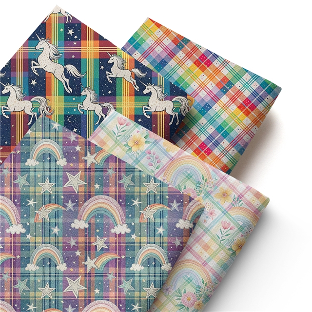 polyester cotton grid rainbow unicorn series polyester cotton fabric set (4 pcs/set) polyester cotton fabric,20*20cm(7.9*7.9