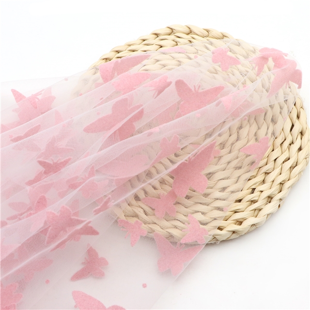 velvet pink butterfly mesh fabric