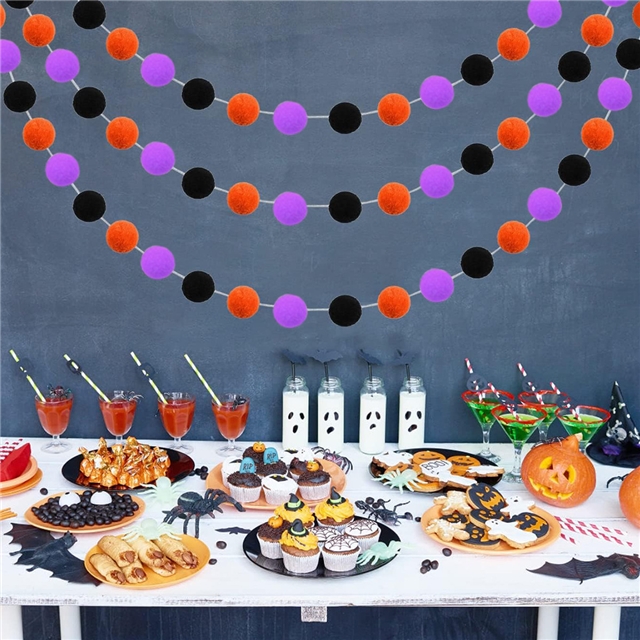 halloween decoration with furry ball ornaments set (rope length 2.5 meters+12 wool balls)