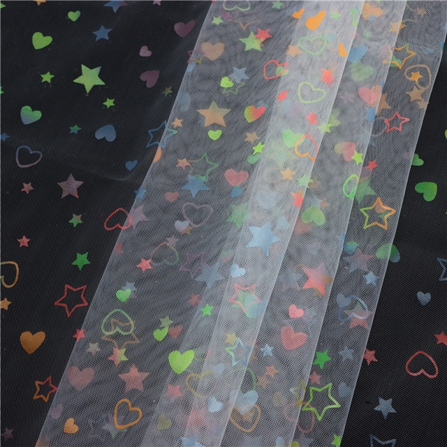 95% polyester 5% spandex fluorescent heart star mesh fabric white,50*150cm(19.7*59.1