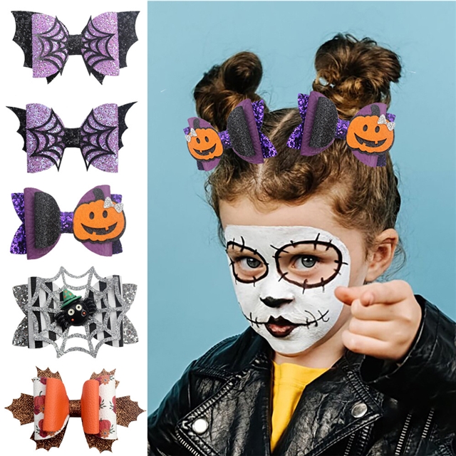 glitter halloween spider glitter autumn pumpkin spider web maple leaf bow hairpin