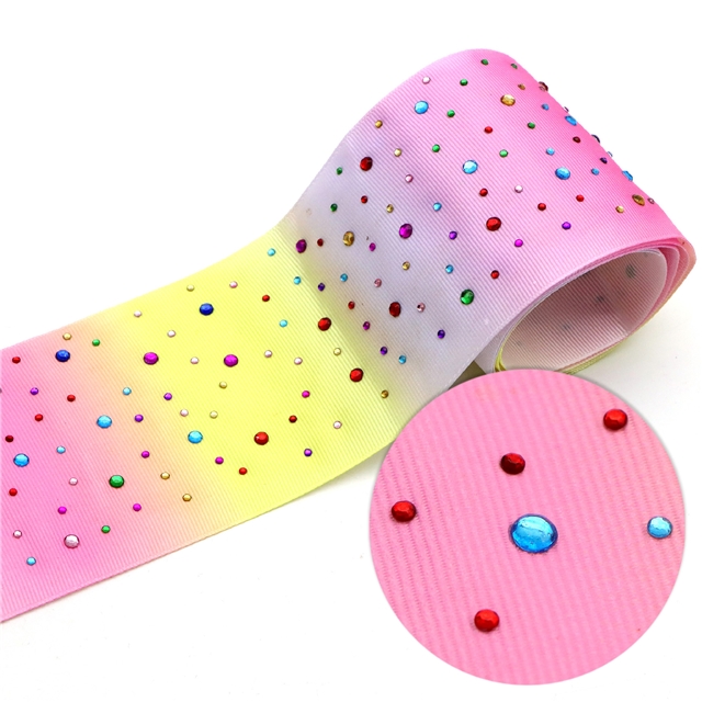 3" heat transfer printed grosgrain rhinestone ribbon