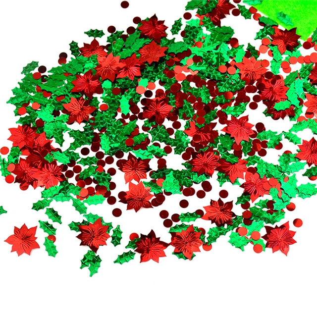 plastic christmas holly and red flower circular glitter packaging filling