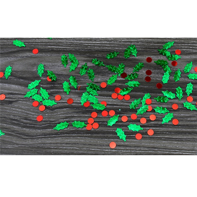 plastic christmas holly and red flower circular glitter packaging filling