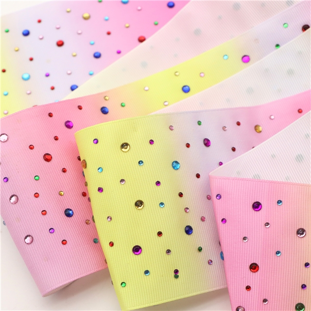 3" heat transfer printed grosgrain rhinestone ribbon