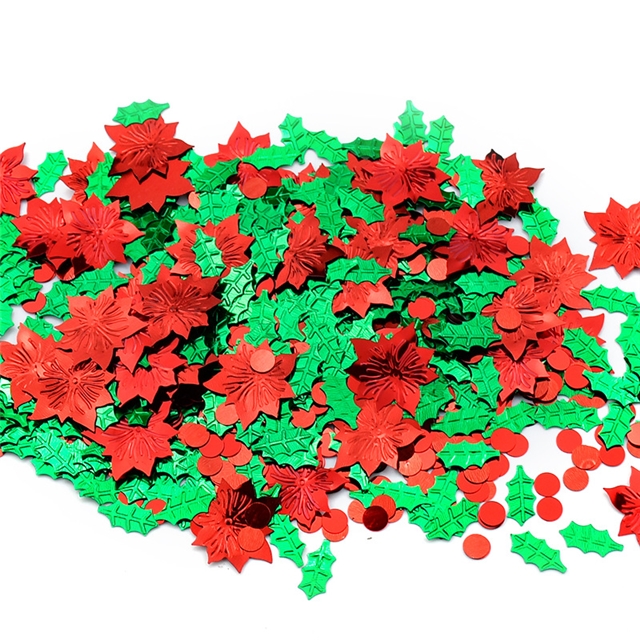plastic christmas holly and red flower circular glitter packaging filling