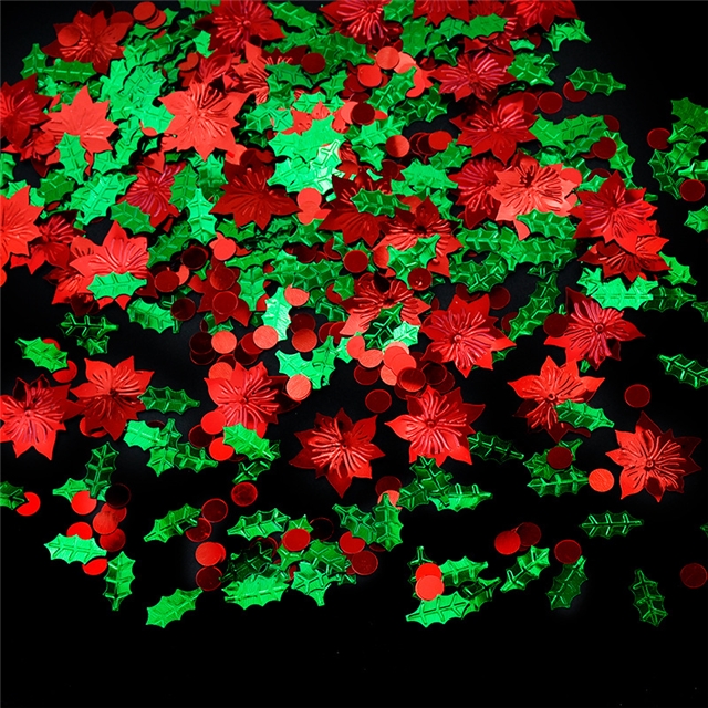 plastic christmas holly and red flower circular glitter packaging filling