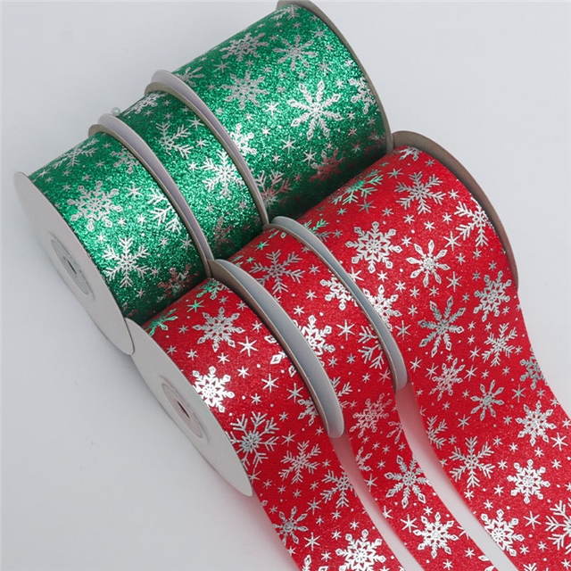 polyester christmas green red snowflake hot silver ribbon