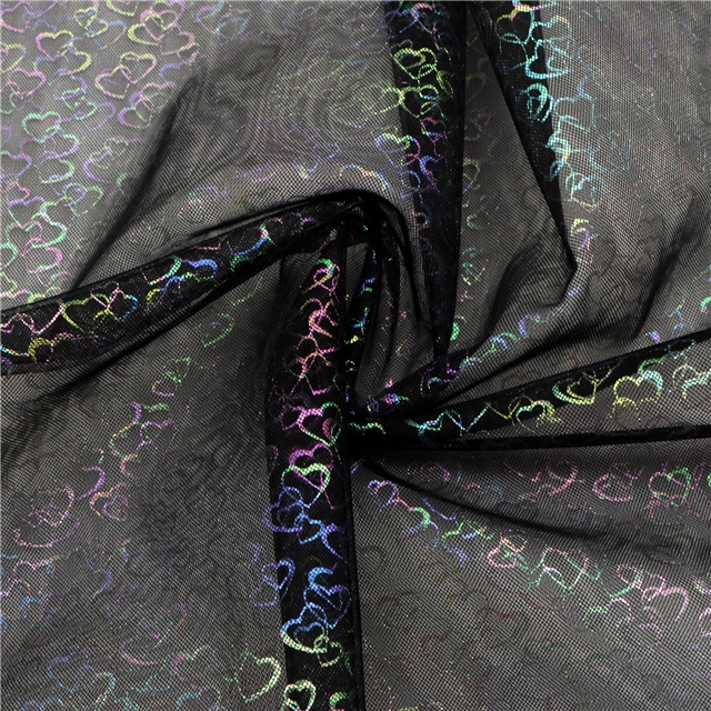 colourful gold hot stamping iridescent heart mesh fabric