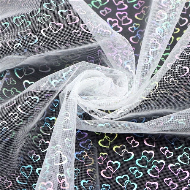 colourful gold hot stamping iridescent heart mesh fabric