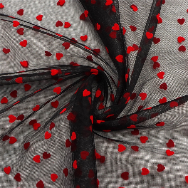 100% nylon velvet heart mesh fabric B1# black+red heart,50*150cm(19.7*59.1