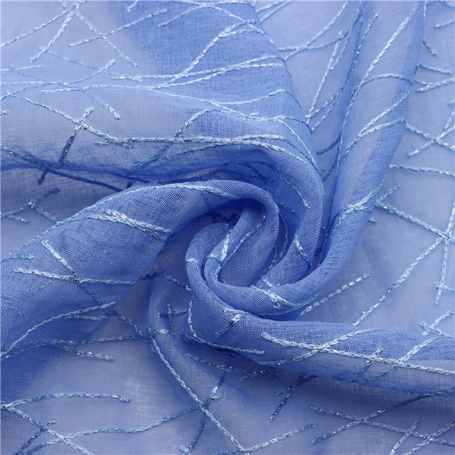 silver thread embroidery with cross patterned polyester fabric