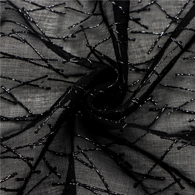 silver thread embroidery with cross patterned polyester fabric
