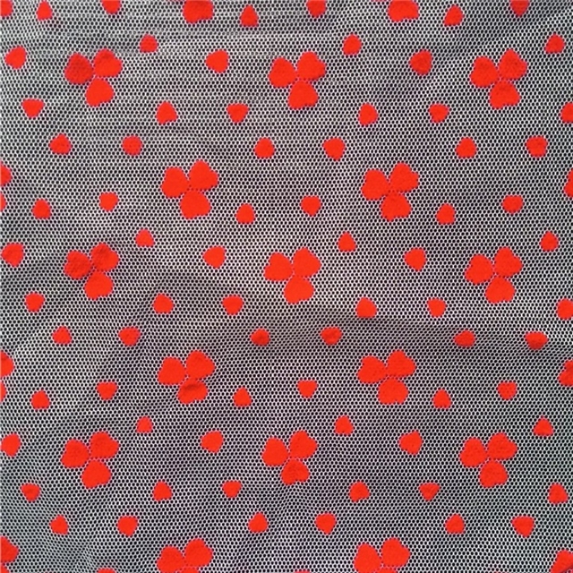 90% nylon and 10% spandex velvet red three petal flower heart mesh fabric