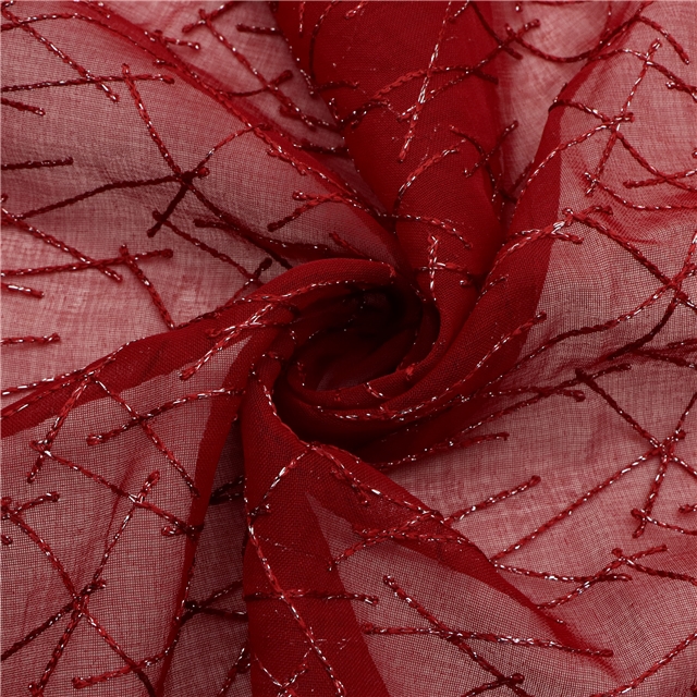silver thread embroidery with cross patterned polyester fabric