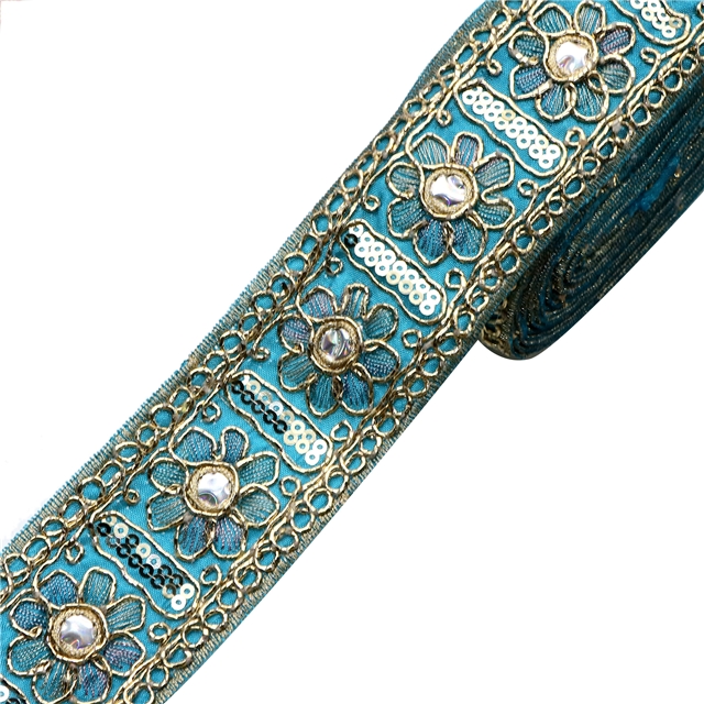 ethnic style gold strand thread sequin embroidery lace sky blue,1yard