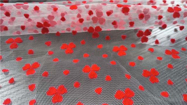 90% nylon and 10% spandex velvet red three petal flower heart mesh fabric