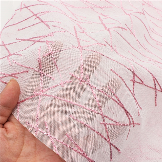 silver thread embroidery with cross patterned polyester fabric