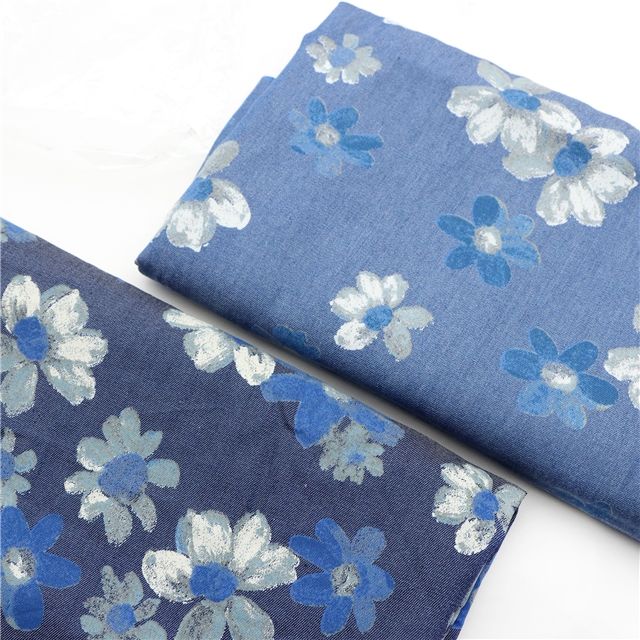 cotton printed washed denim fabric