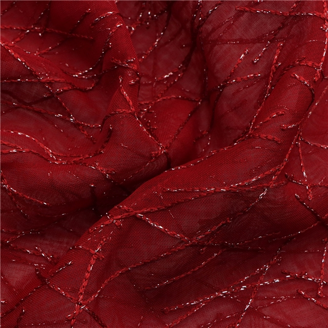 silver thread embroidery with cross patterned polyester fabric