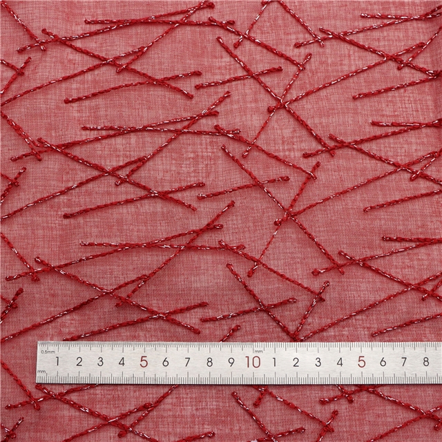 silver thread embroidery with cross patterned polyester fabric